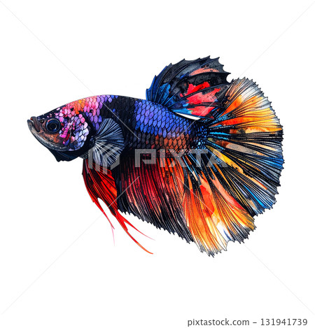 Striking watercolor illustration of a black Betta fish with vibrant blue, pink, orange, and red flowing fins. Pet. 131941739