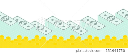 Empty horizontal banner with American dollars stacks and gold coins stacked in a pile. Mountains of money border lines at top and bottom. Vector banner for advertising of banking services 131941750