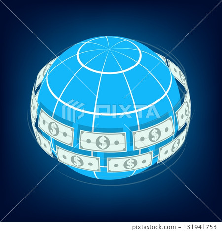 Isometric international American dollar system. Concept of free money exchange and accessible foreign exchange market for international loans. 3D vector on blue background top view at an angle Isometric international American dollar system. Concept of free money exchange and accessible foreign exchange market for international loans. 3D vector on blue background top view at an angle 131941753