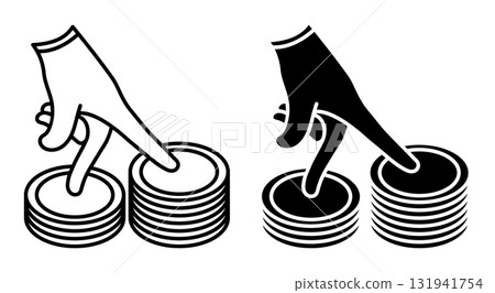 Linear icon. Human hand shows climbing a stack of coins. Gesture of increase in income and savings with growth in qualifications and skills. Simple black and white vector isolated on white background Linear icon. Human hand shows climbing a stack of coins. Gesture of increase in income and savings with growth in qualifications and skills. Simple black and white vector isolated on white background 131941754