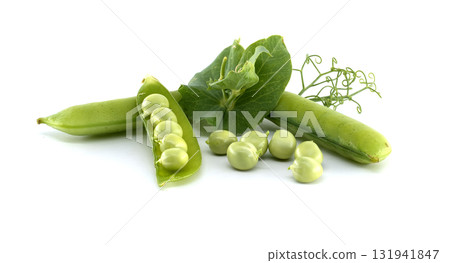 Fresh green peas, open pod, leaves and peas on a white background. Fresh green peas, open pod, leaves and peas on a white background. 131941847