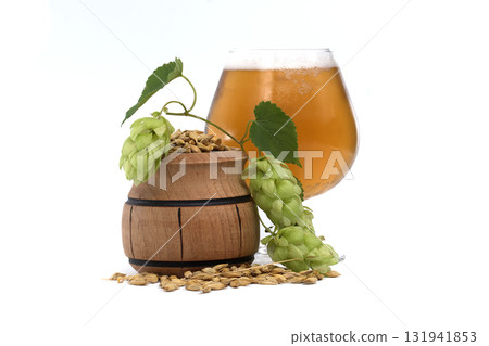 Beer brewing ingredients with a glass of beer isolated on white background Beer brewing ingredients with a glass of beer isolated on white background 131941853