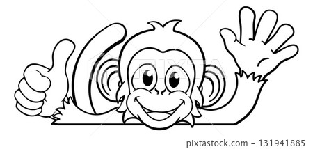 Monkey Cartoon Animal Behind Sign Thumbs Up Waving Monkey Cartoon Animal Behind Sign Thumbs Up Waving 131941885