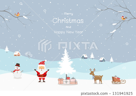 Merry Christmas and Happy new year greeting card with cute cartoon Santa Claus happy on winter holiday Merry Christmas and Happy new year greeting card with cute cartoon Santa Claus happy on winter holiday 131941925