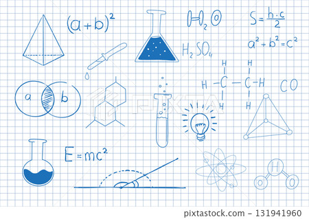 Science symbols formulas on notebook page background. Sketch symbols mathematical equations, schemes geometry shapes.  131941960