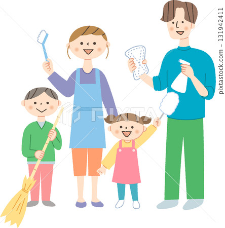 Family with cleaning tools Family with cleaning tools 131942411