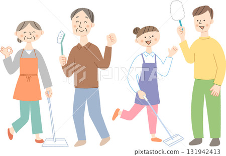 People in energetic poses holding cleaning tools People in energetic poses holding cleaning tools 131942413
