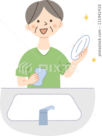 Senior woman washing dishes Senior woman washing dishes 131942418