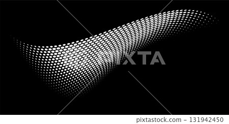 Abstract dotted wave. Halftone curved shape in white color isolated on black background. Curved and twisted gradients form. Trendy graphic vector illustration 131942450