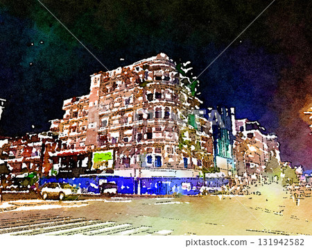 柬埔寨金邊夜晚閃耀的法國殖民時期建築 | 充滿歷史和異國情調的夢幻城市景觀 | 水彩畫 131942582