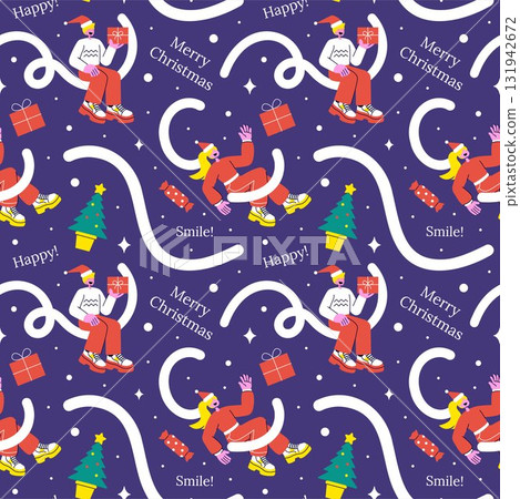 Merry Christmas Seamless Pattern Illustration with Holiday Decoration Elements and Festive Ornaments 131942672
