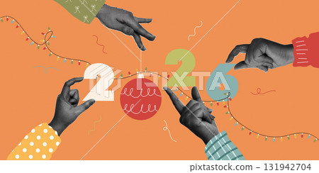 Playful New Year celebration featuring hands and numbers 2026. Vector illustration Playful New Year celebration featuring hands and numbers 2026. Vector illustration 131942704