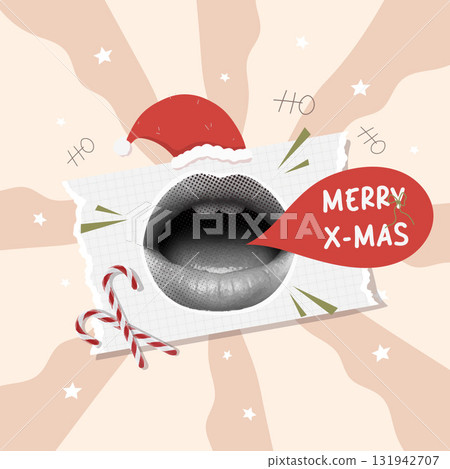 Festive messaging with Merry X-mas lips and decorative elements. Vector illustration Festive messaging with Merry X-mas lips and decorative elements. Vector illustration 131942707