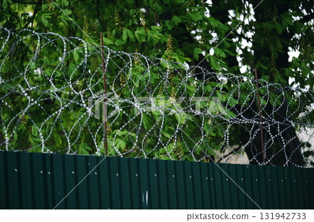 Green Fence With Barbed Wire Green Fence With Barbed Wire 131942733