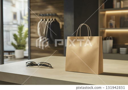 Customizable shopping bag mockup placed on a retail counter with sunglasses and clothes in the background 131942831