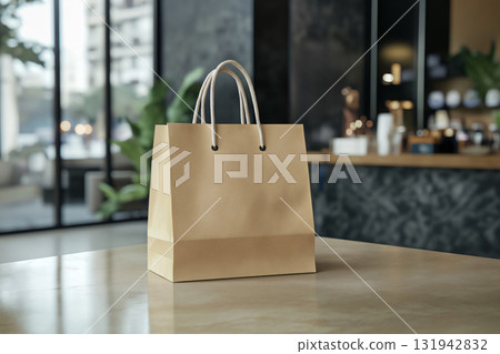 Brown paper shopping bag standing on a table in a retail store, perfect for showcasing your brand 131942832