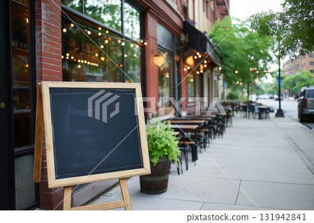 Empty outdoor tables and chairs inviting customers to a restaurant with a menu displayed on a chalkboard 131942841