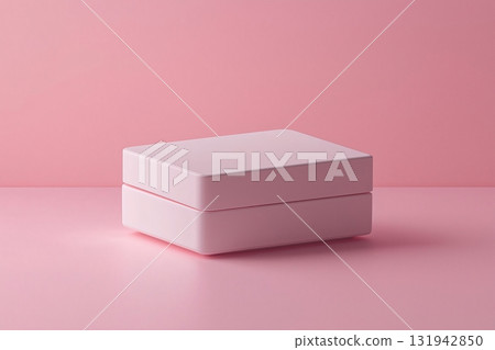Minimalist product shot featuring a closed pink customizable packaging box resting on a pink surface, ideal for showcasing branding or design 131942850