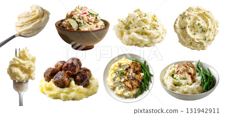 Set of mash mashed potato creamy fluffy potatoes, bowl fork spoon, with meatball chicken beans vegetable garnish toppings, salad, on transparent cutout PNG. Many different style. Mockup for design	 131942911