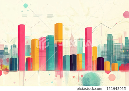 Illustration of a city skyline merging with growing business bar graphs, showing economic growth 131942935