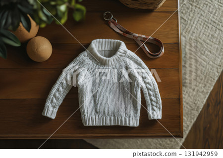 White cable knit pet sweater mockup placed flat on a wooden table, next to pet toys and accessories, perfect for showcasing your designs White cable knit pet sweater mockup placed flat on a wooden table, next to pet toys and accessories, perfect for showcasing your designs 131942959