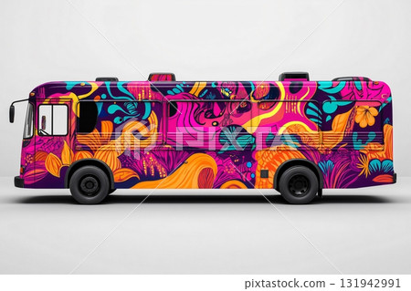 Music festival bus wrap mockup showcasing vibrant and colorful artwork, perfect for promoting events and transportation services Music festival bus wrap mockup showcasing vibrant and colorful artwork, perfect for promoting events and transportation services 131942991