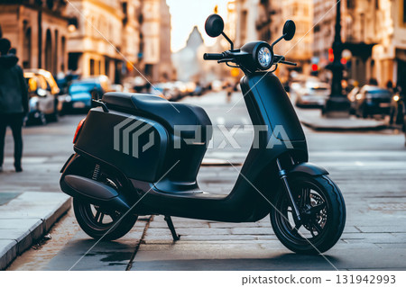 Sleek black electric scooter parked on a bustling city street, representing eco friendly urban commuting and modern transportation solutions Sleek black electric scooter parked on a bustling city street, representing eco friendly urban commuting and modern transportation solutions 131942993