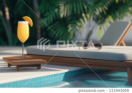 Orange cocktail and sunglasses resting on a poolside lounger in a tropical resort setting Orange cocktail and sunglasses resting on a poolside lounger in a tropical resort setting 131943009