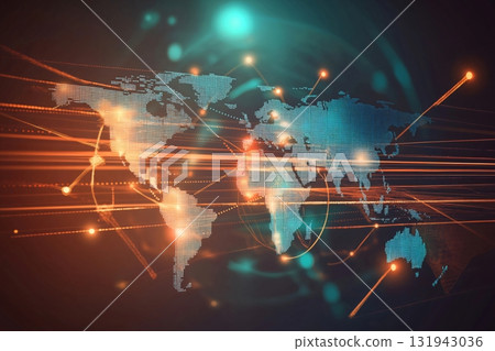Digital world map showing connections between continents with data traveling across the globe 131943036