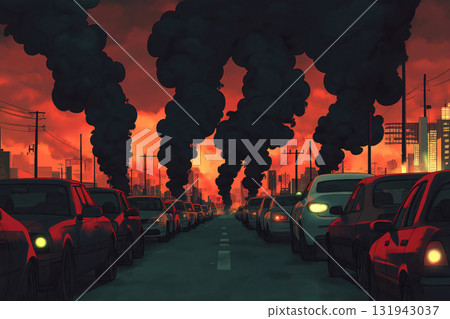 Illustration of cars stuck in a traffic jam and generating a lot of pollution at sunset 131943037