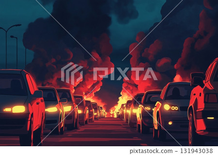 Illustration of cars lining up on a road at night with fire and smoke in background 131943038