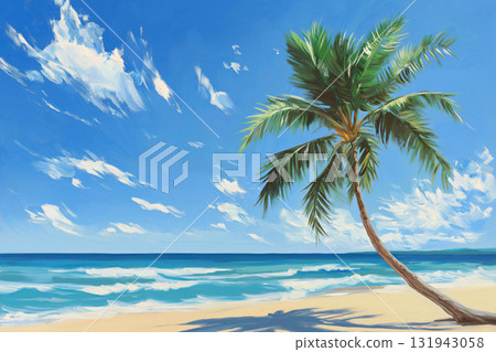 Illustration of a pristine beach scene with a lone palm tree swaying in the breeze, evoking a sense of tranquility and escape Illustration of a pristine beach scene with a lone palm tree swaying in the breeze, evoking a sense of tranquility and escape 131943058