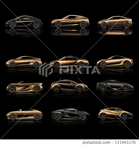 Collection of gold and black luxury sports car silhouettes reflecting on a black background 131943176