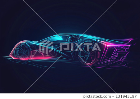 Abstract futuristic sports car speeding with motion lines, featuring glowing blue and pink lights 131943187