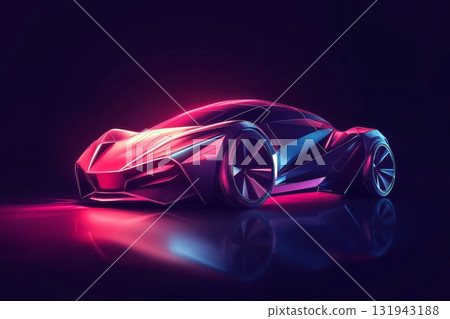 Futuristic sports car is glowing under neon lights, showcasing its sleek design and advanced features 131943188