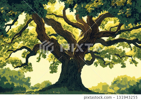 Illustration of a majestic old oak tree standing on a green meadow bathed in warm sunlight 131943255