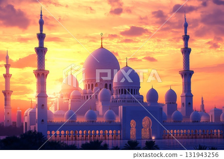 The majestic mosque is illuminated by the warm glow of the setting sun, creating a breathtaking spectacle of Islamic architecture 131943256