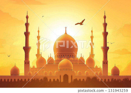 Illustration of a majestic grand mosque with intricate architecture, bathed in the warm glow of a setting sun, as birds fly gracefully in the sky 131943259