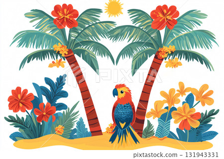 Illustration featuring a vibrant and colorful tropical island scene with a parrot, flowers, and palm trees, perfect for summer and travel themes 131943331