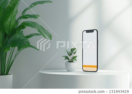Smartphone showing a flight booking app interface is standing on a white table next to a potted plant Smartphone showing a flight booking app interface is standing on a white table next to a potted plant 131943429
