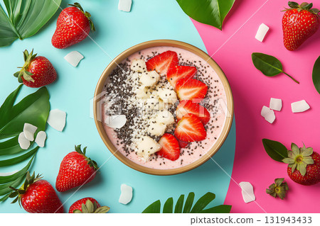 Smoothie bowl with strawberries, chia seeds, coconut flakes and banana slices on pink and blue background with tropical leaves Smoothie bowl with strawberries, chia seeds, coconut flakes and banana slices on pink and blue background with tropical leaves 131943433