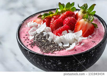 Pink smoothie bowl topped with fresh strawberries, coconut flakes, and chia seeds, served in a black bowl on a marble table Pink smoothie bowl topped with fresh strawberries, coconut flakes, and chia seeds, served in a black bowl on a marble table 131943434