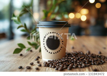 Customizable disposable coffee cup mockup with coffee beans on a wooden table in a cafe setting, ideal for showcasing branding designs Customizable disposable coffee cup mockup with coffee beans on a wooden table in a cafe setting, ideal for showcasing branding designs 131943472