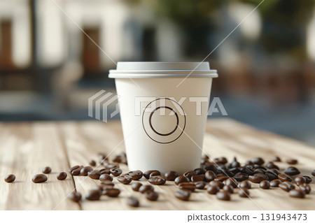 White disposable coffee cup with generic logo mockup and scattered coffee beans on a wooden table in an outdoor setting White disposable coffee cup with generic logo mockup and scattered coffee beans on a wooden table in an outdoor setting 131943473