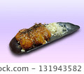 side view six takoyaki balls and shredded cabbage on a black ceramic plate on a purple background, food, dessert, decor, copy space 131943582