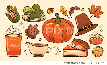 Thanksgiving dinner elements with pumpkin pie 131944144