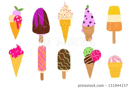 Hand drawn ice cream desserts with crayon texture Hand drawn ice cream desserts with crayon texture 131944157