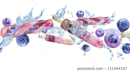 Fruit popsicle ice lolly surrounded by ripe berries, water splashes and drops. Isolated seamless banner border header hand drawn in watercolor. Frozen dessert branding, natural flavor tag, cafe decor. 131944197