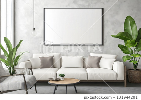 Horizontal customizable frame mockup hanging on a textured concrete wall in a modern living room Horizontal customizable frame mockup hanging on a textured concrete wall in a modern living room 131944291