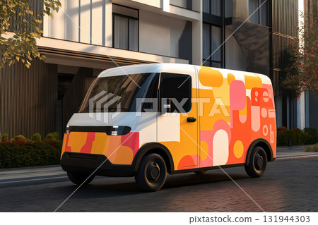 Electric delivery van with customizable branding driving on a city street, showcasing modern and sustainable urban logistics 131944303